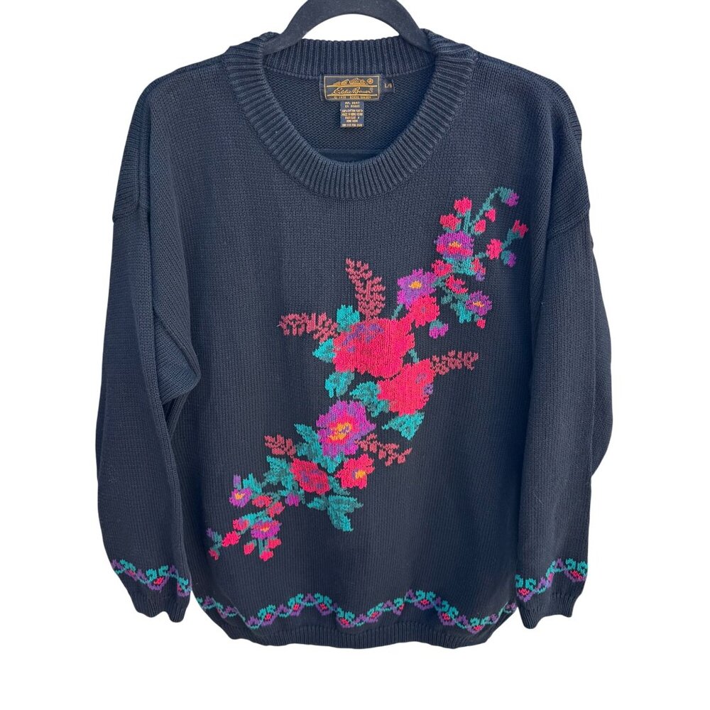Eddie Bauer Vintage 90s Dark Floral Cottagecore Oversized Grandmacore Sweater L